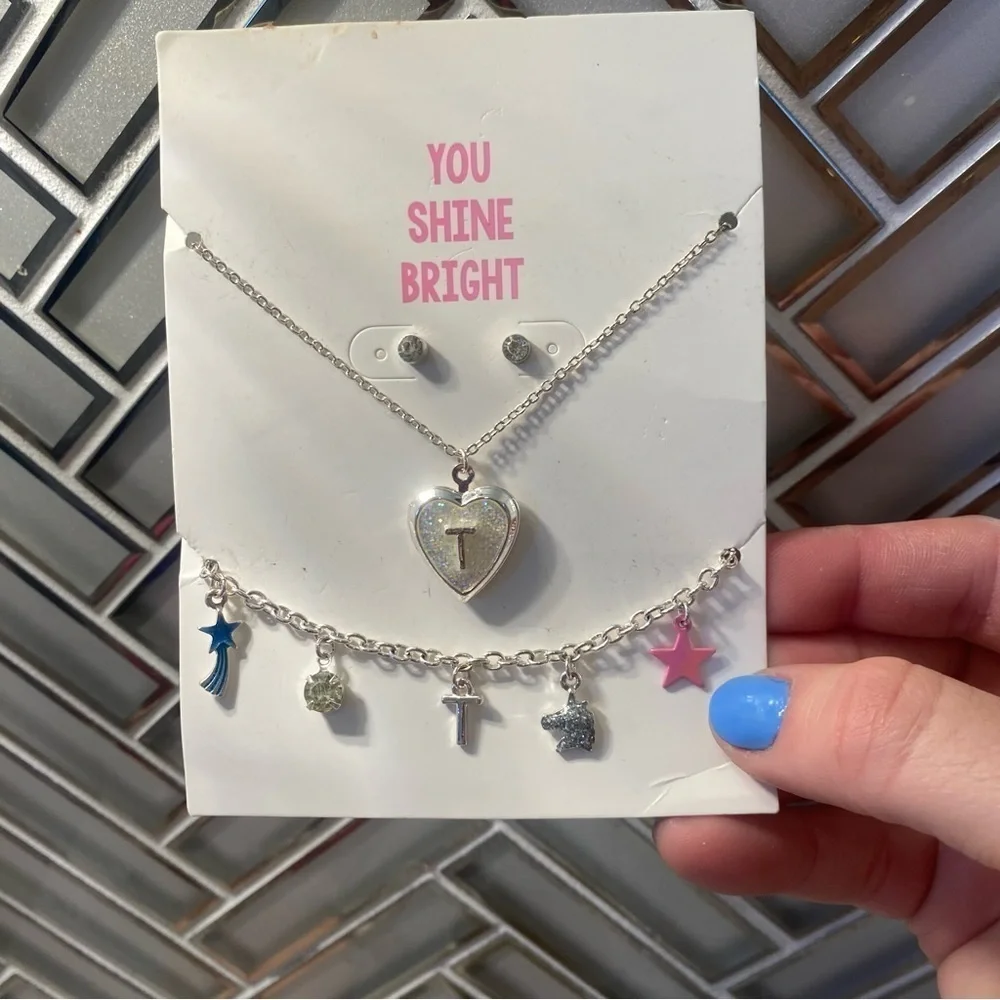 Glitter Initial Jewelry Gift Set- T, 3 Pack